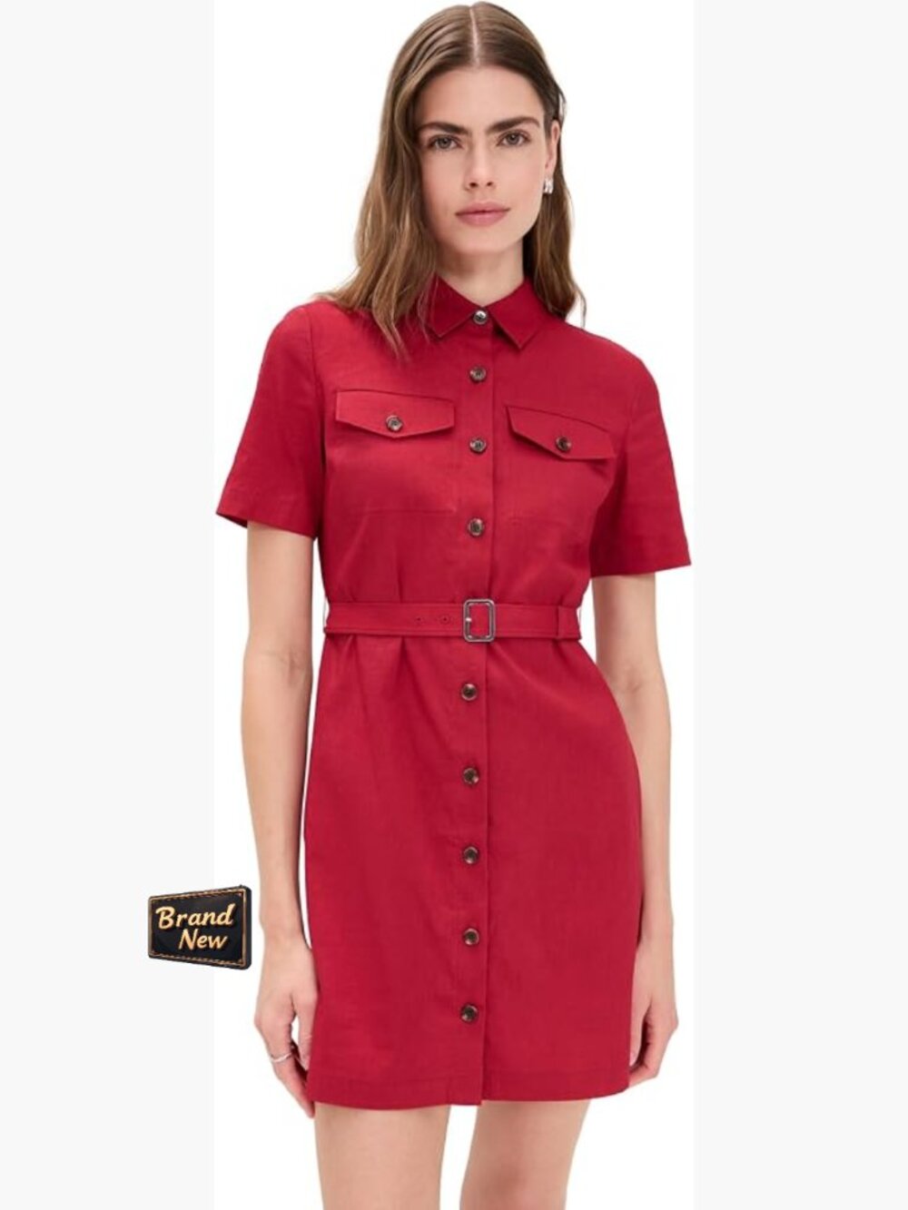 Theory Linen Blend A-Line Mini Dress Short Sleeve Button Down Collared Belted